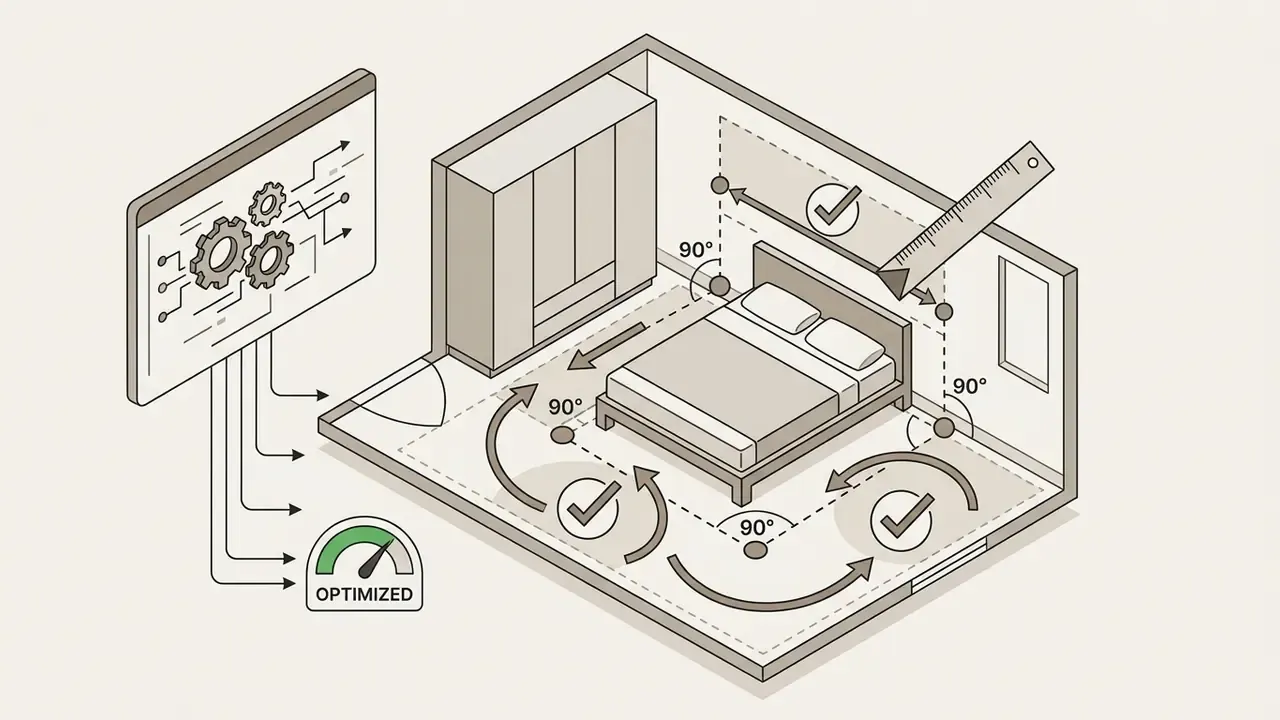 Isometric view of a bedroom showing furniture placement with circulation paths and measurement indicators