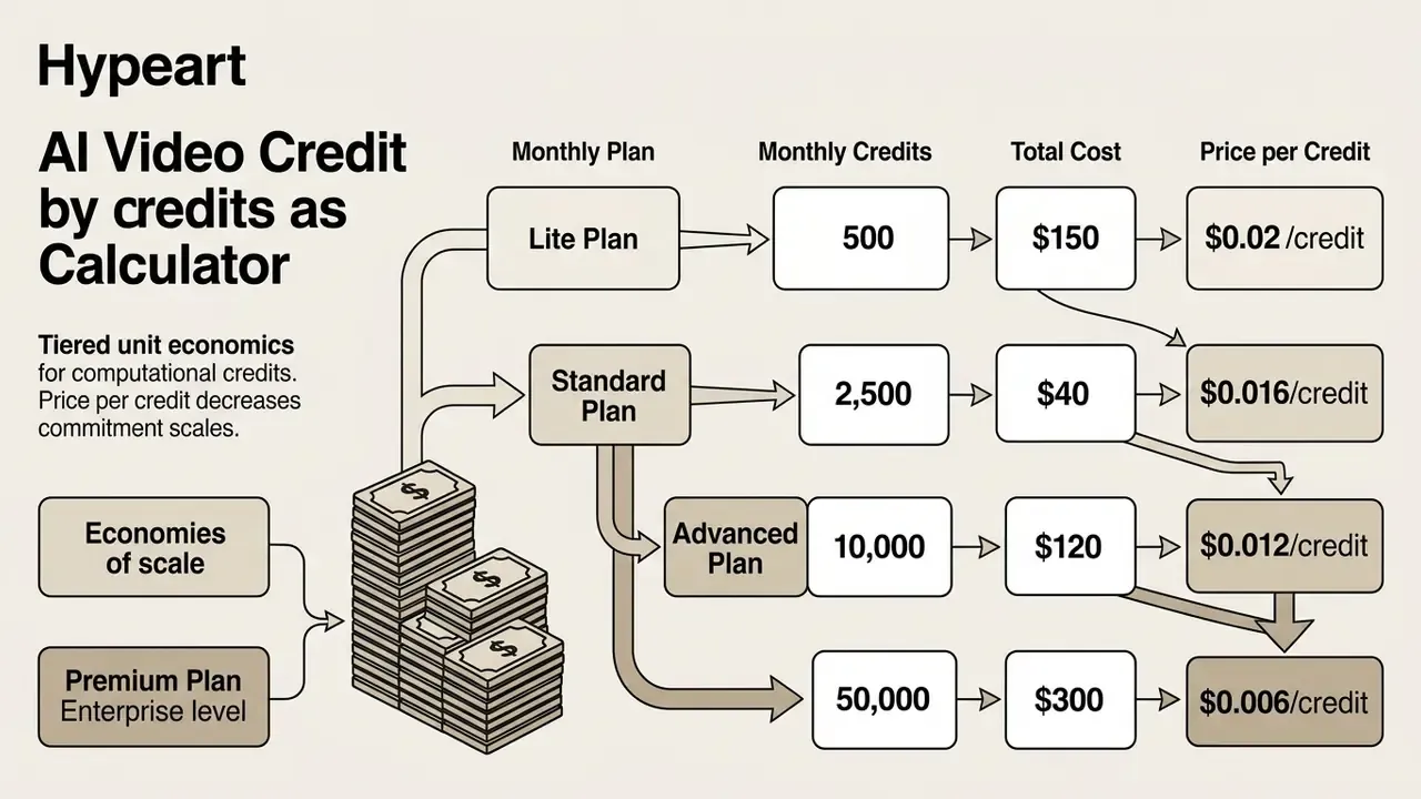 Comparative chart showing how price per AI video credit decreases across tiered subscription plans