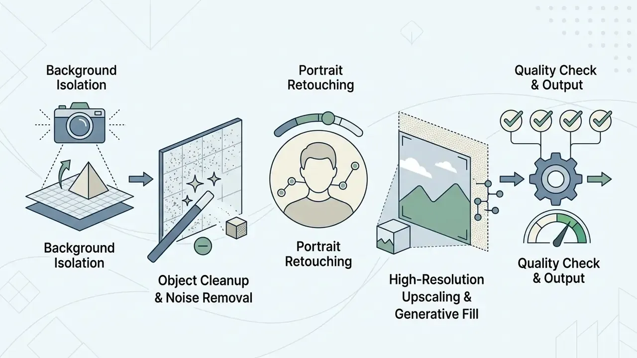 Sequence of five icons representing background isolation, object cleanup, portrait retouching, and upscaling