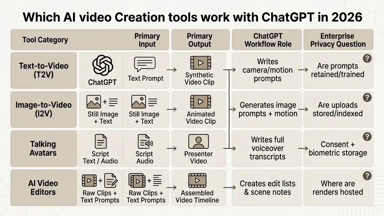 Table mapping video tool categories to inputs, outputs, ChatGPT roles, and privacy considerations