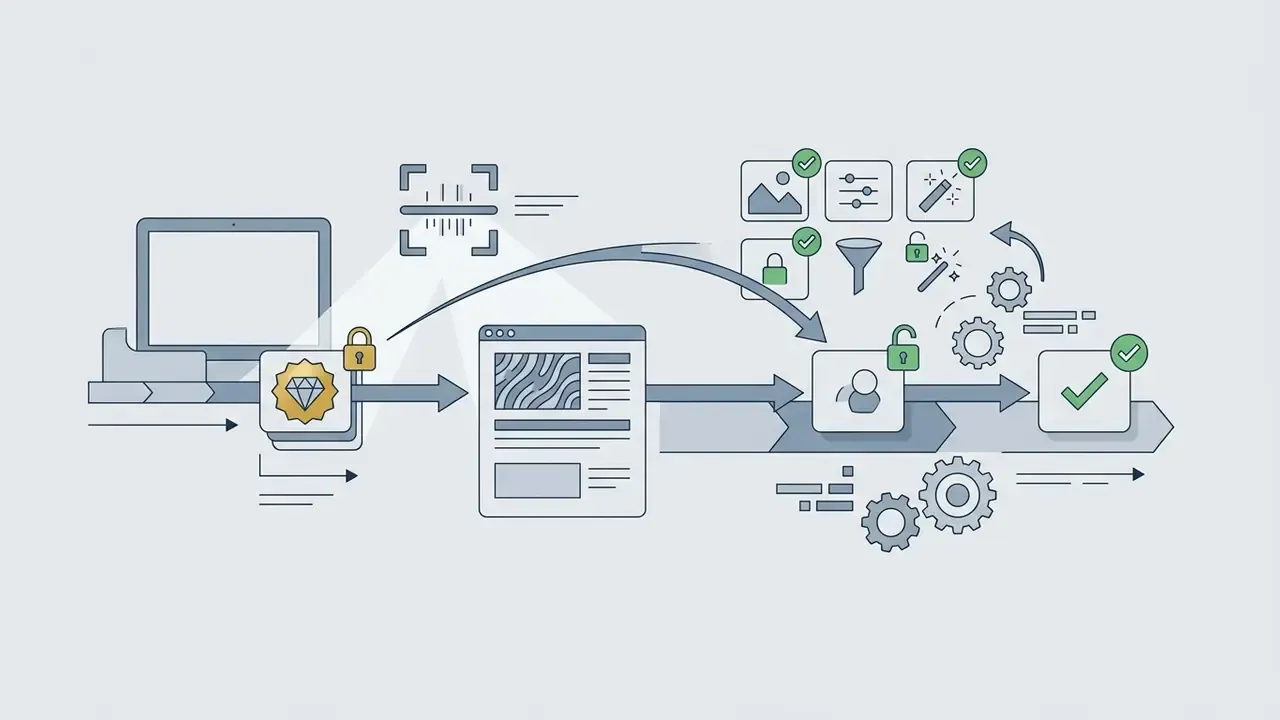 Diagram showing the process of unlocking premium video editing features to access free tools and settings