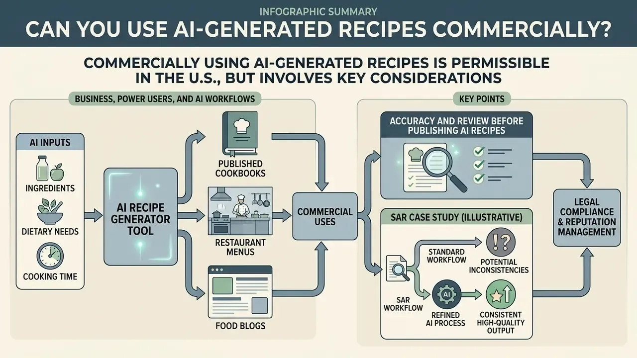 Diagram showing the workflow from AI inputs to commercial publishing and legal compliance considerations