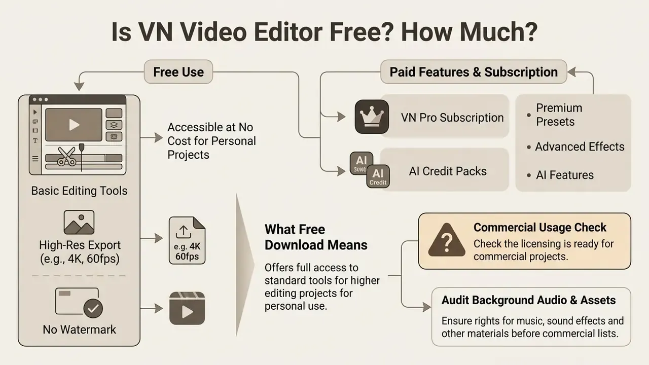 Comparison chart showing free editing features versus paid subscription options and commercial usage tips