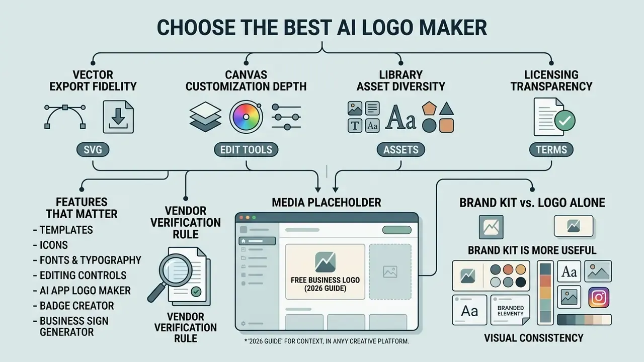 Infographic summarizing key criteria for evaluating design tools including features and brand kit utility