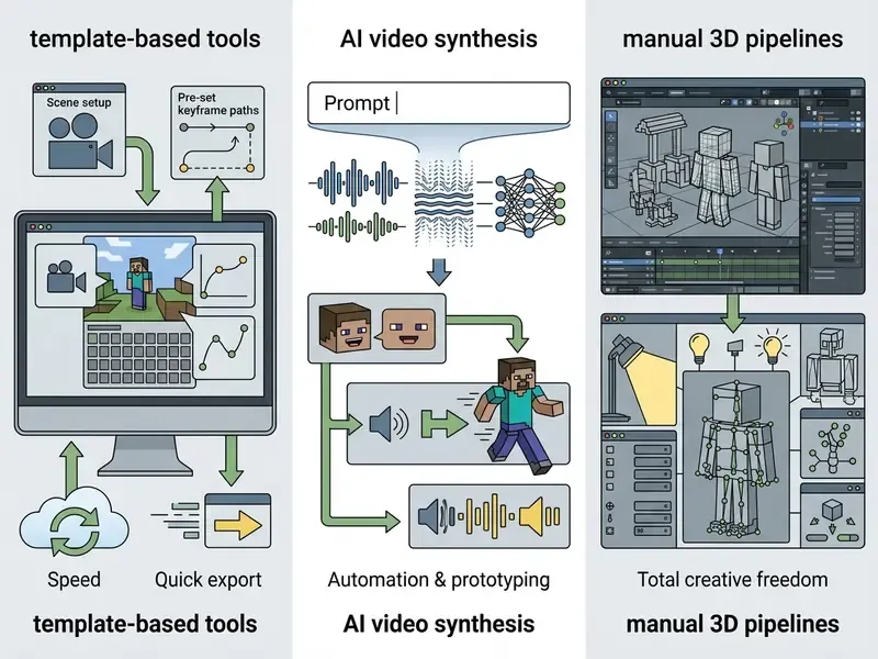 Diagram comparing template-based tools, AI video synthesis, and manual 3D pipelines for animation