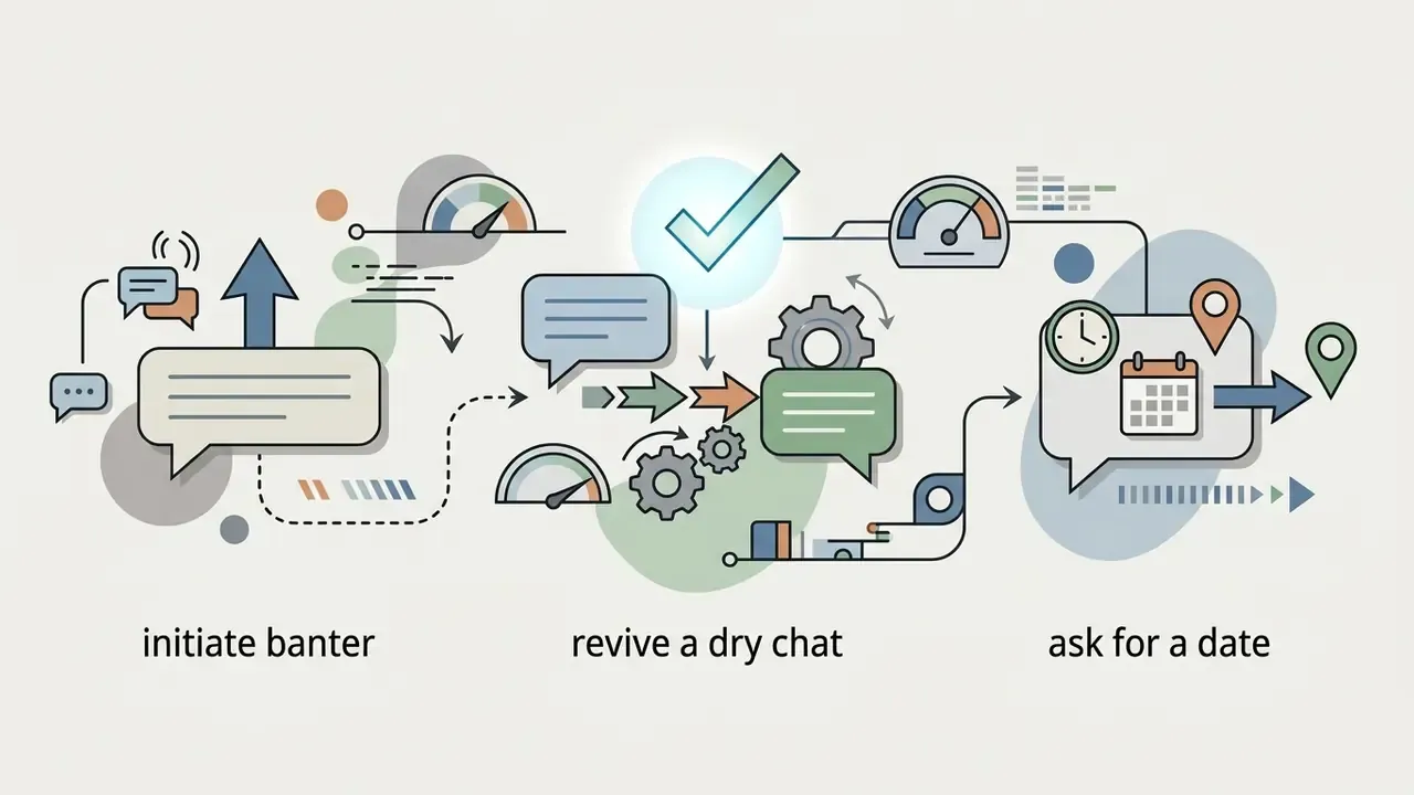 Icons of speech bubbles, gears, and gauges connecting to a calendar and location pin for scheduling dates