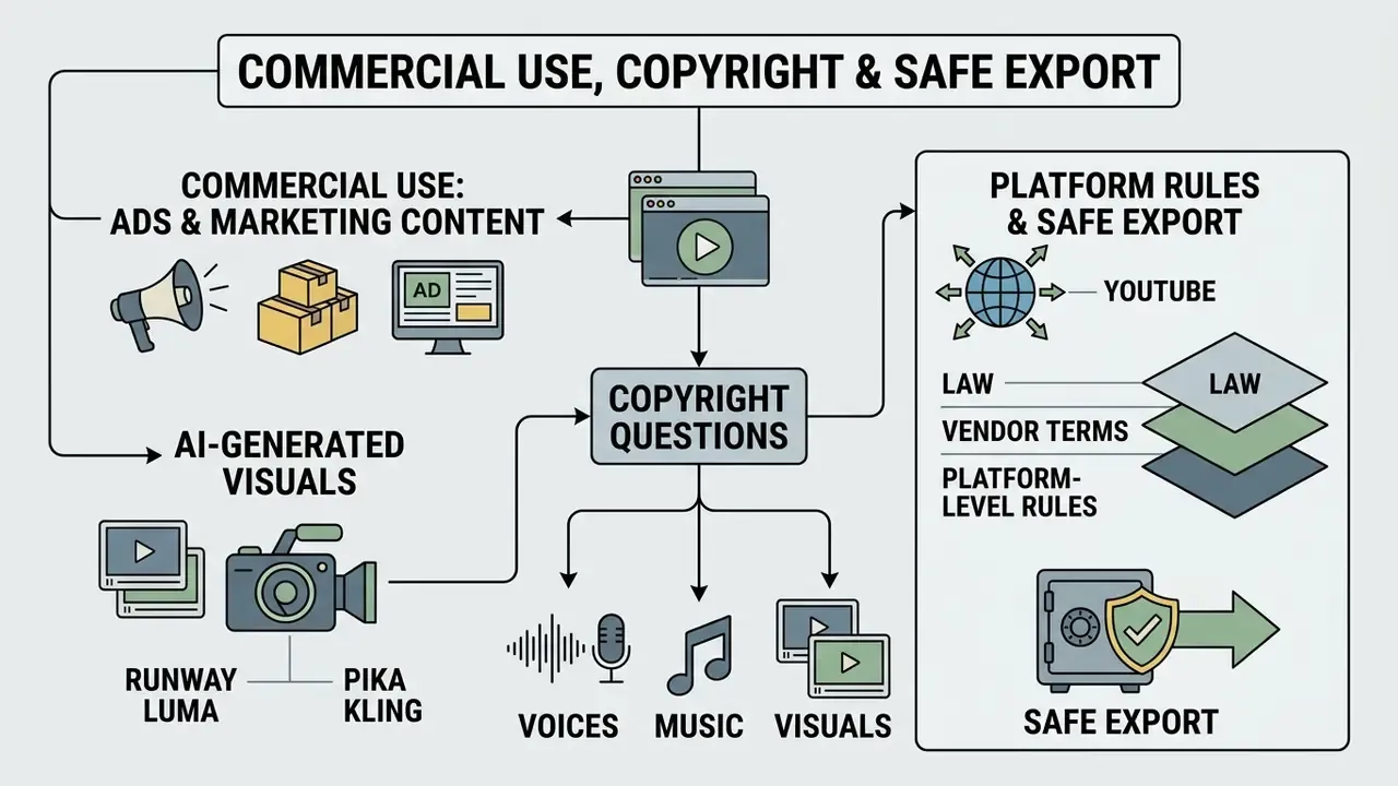 Diagram showing commercial use, copyright considerations for AI media, and platform export rules
