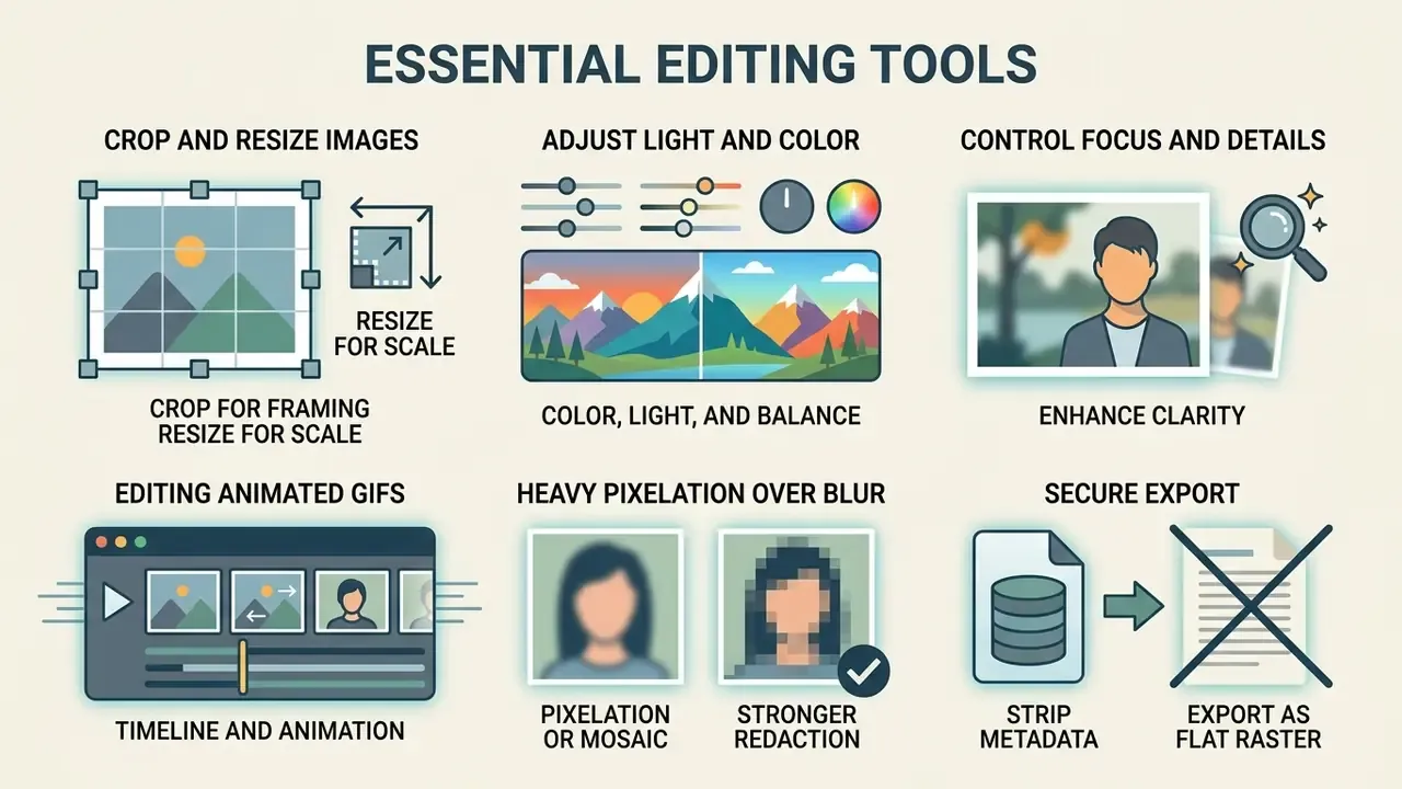 Six icons illustrating photo editing tasks like cropping, adjusting color, blurring, and secure file export