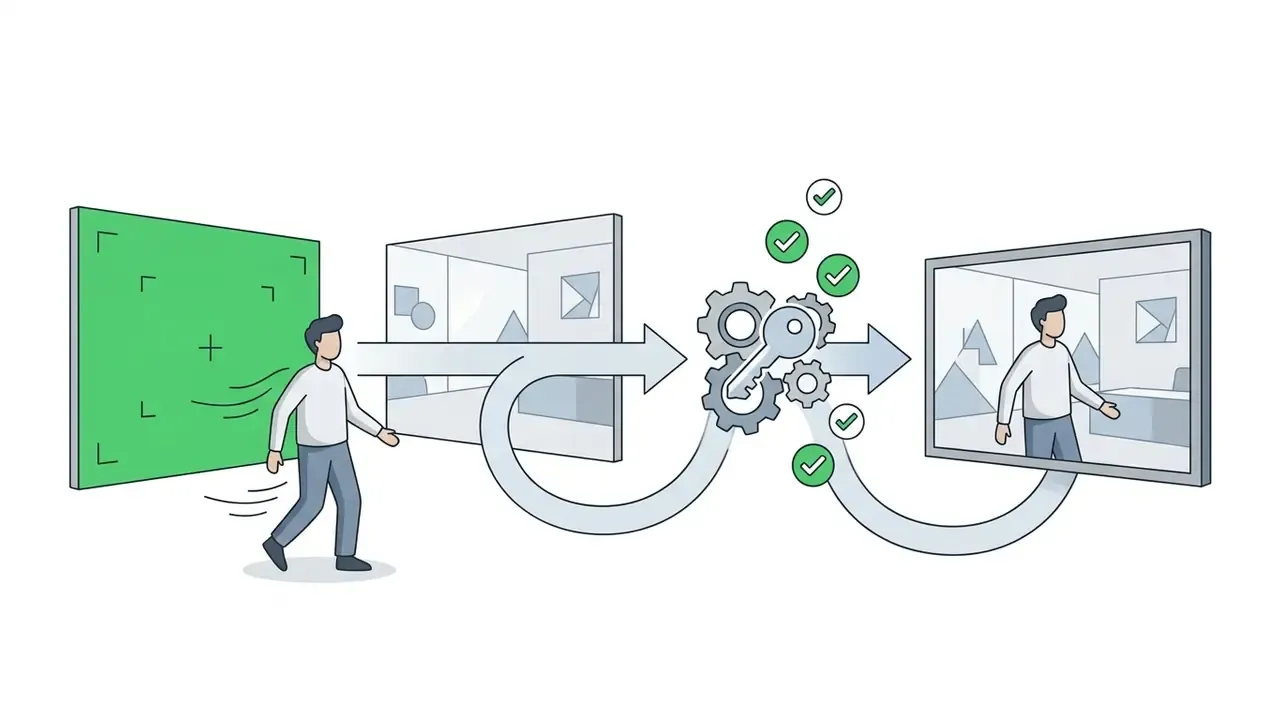 Person walking from a green screen into a digital background processed by a keying gear mechanism