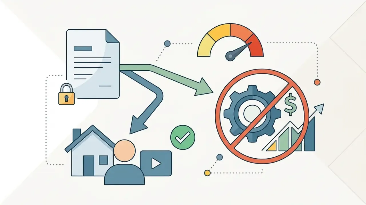 Document with a lock icon directing output toward personal use icons while blocking commercial gear