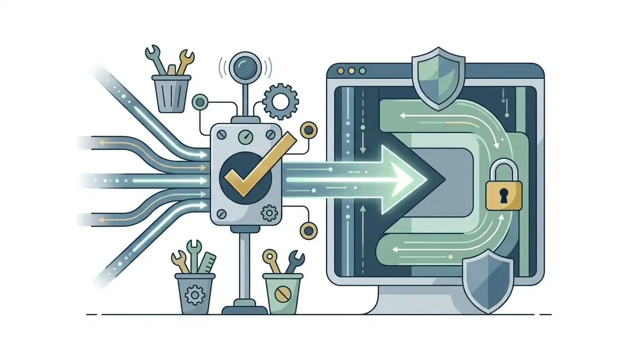 Multiple data streams converging into a central checkmark device and routing into a protected computer monitor