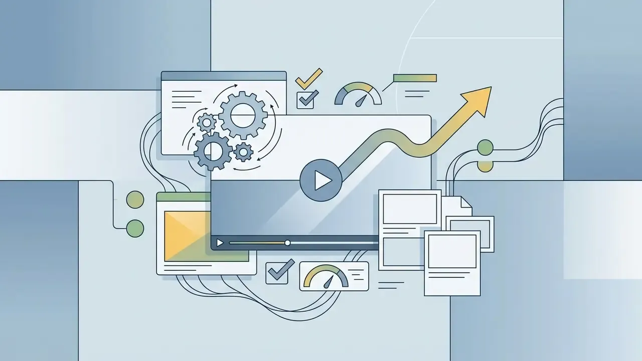 Video player interface with gears and upward trending arrow surrounded by document and gauge icons