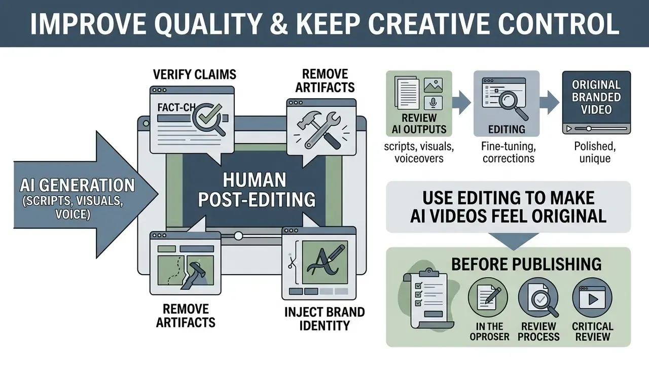 Process diagram showing human post-editing steps to refine AI-generated content before publishing