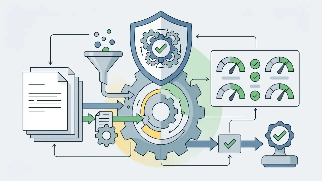 Documents and funnel feeding a central mechanism that outputs compliance metrics to gauges and a stamp