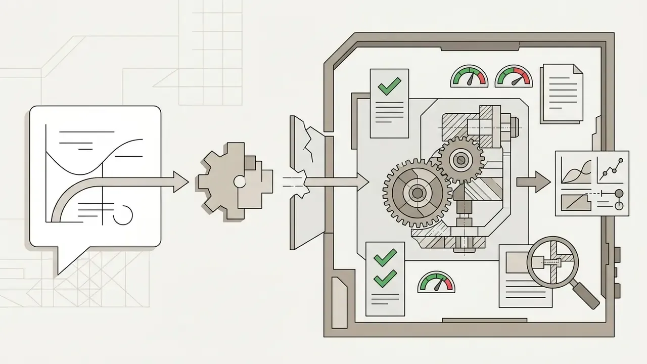 Conceptual input flowing through a gear into a mechanical validation chamber with gauges and analysis tools