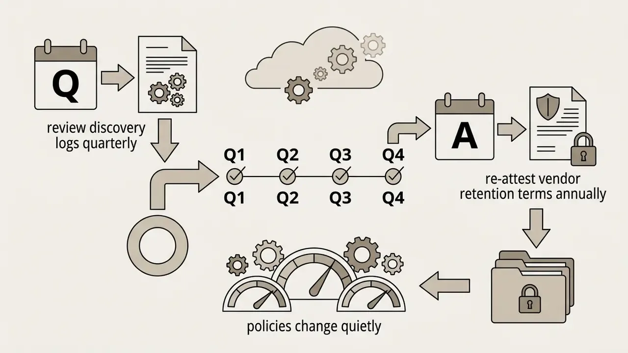 Calendar icons and documents linked to a quarterly timeline and locked folders for policy management