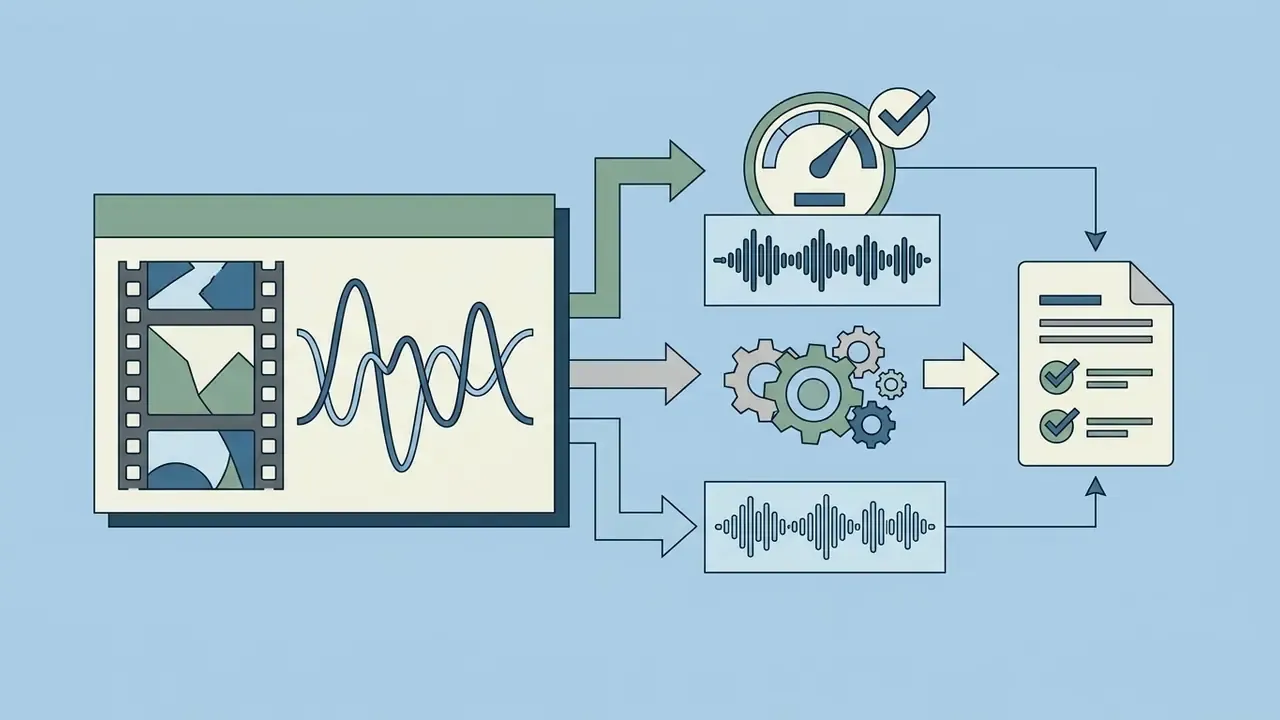 Process showing video audio being extracted and organized into separate tracks and a document