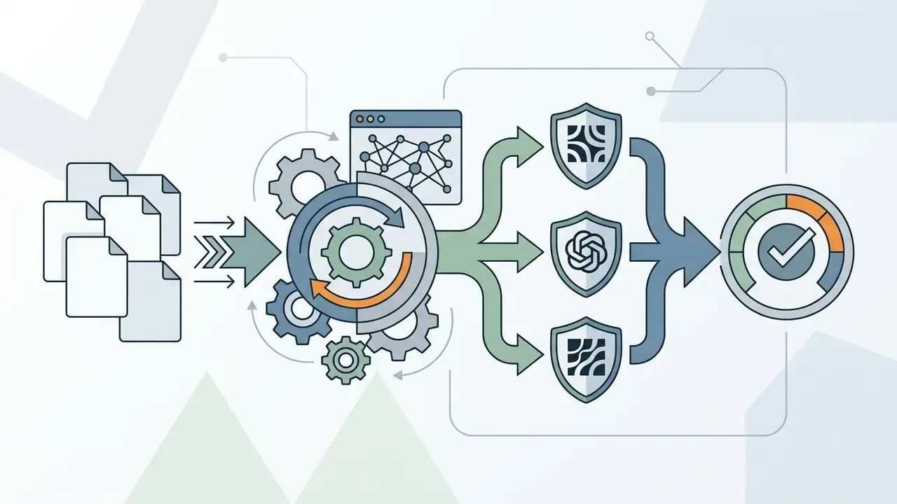 Documents flowing through a central gear mechanism into three shield icons before reaching a status gauge