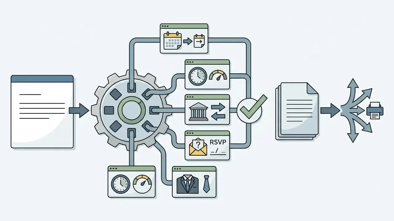 Central gear mechanism processing event metadata into a finalized document for distribution