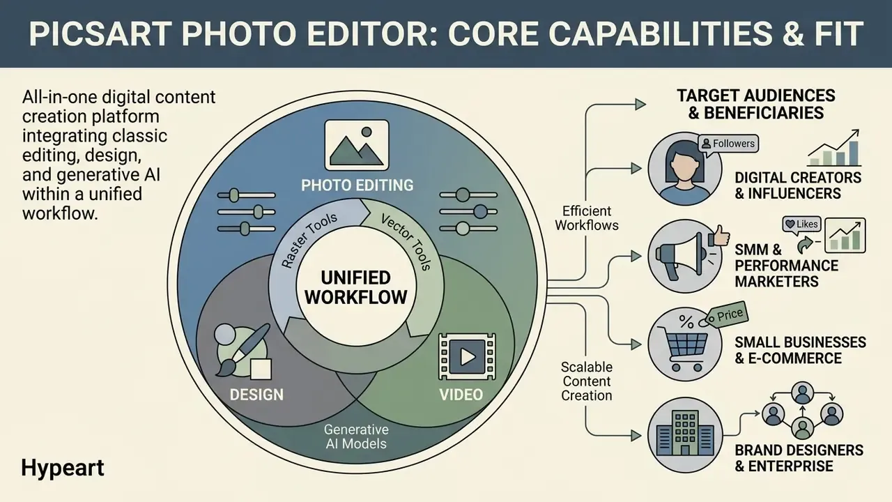 Infographic showing a unified workflow for photo editing, design, and video creation tools