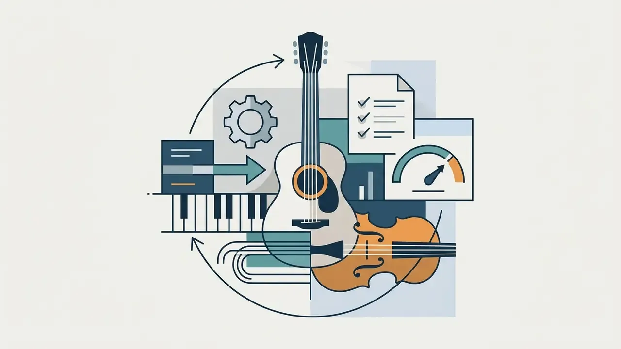 Acoustic guitar, piano, and strings icons feeding into a gear system to generate a music track document