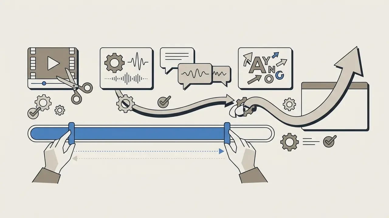 Hands adjusting timeline handles to trim video clips and add subtitles through a digital workspace