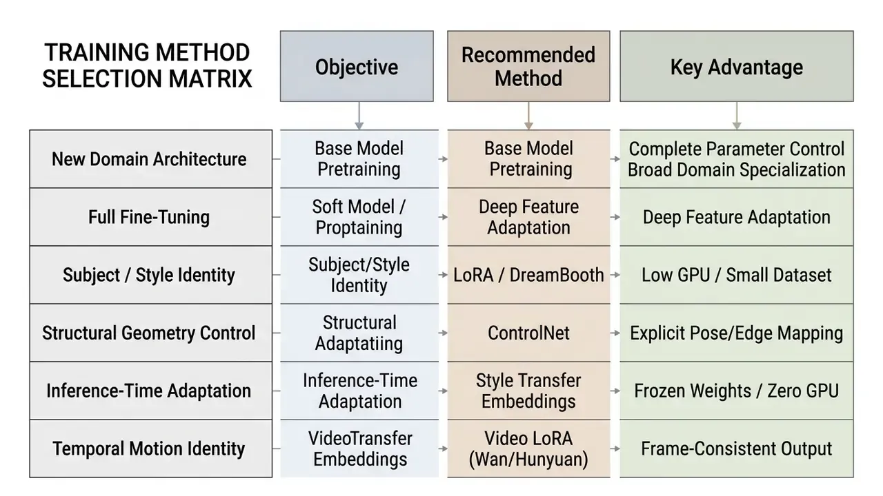 Comparison table mapping AI image training objectives to recommended methods and their key advantages
