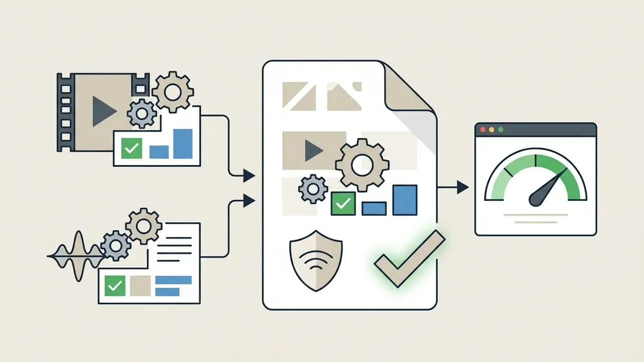 Video and audio files processed through a central engine to optimize output for a web browser