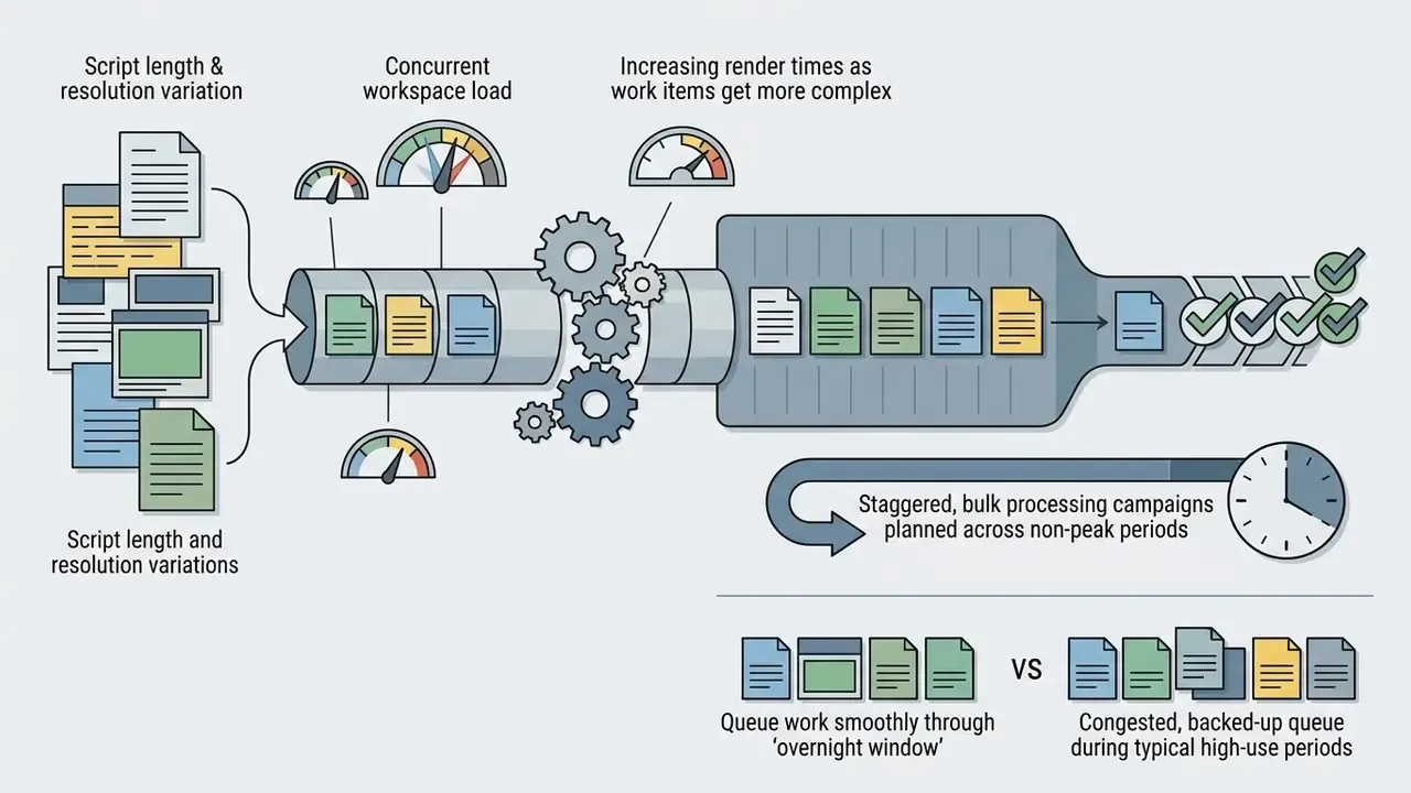 Documents flowing through a processing pipe with gauges indicating render time and queue congestion