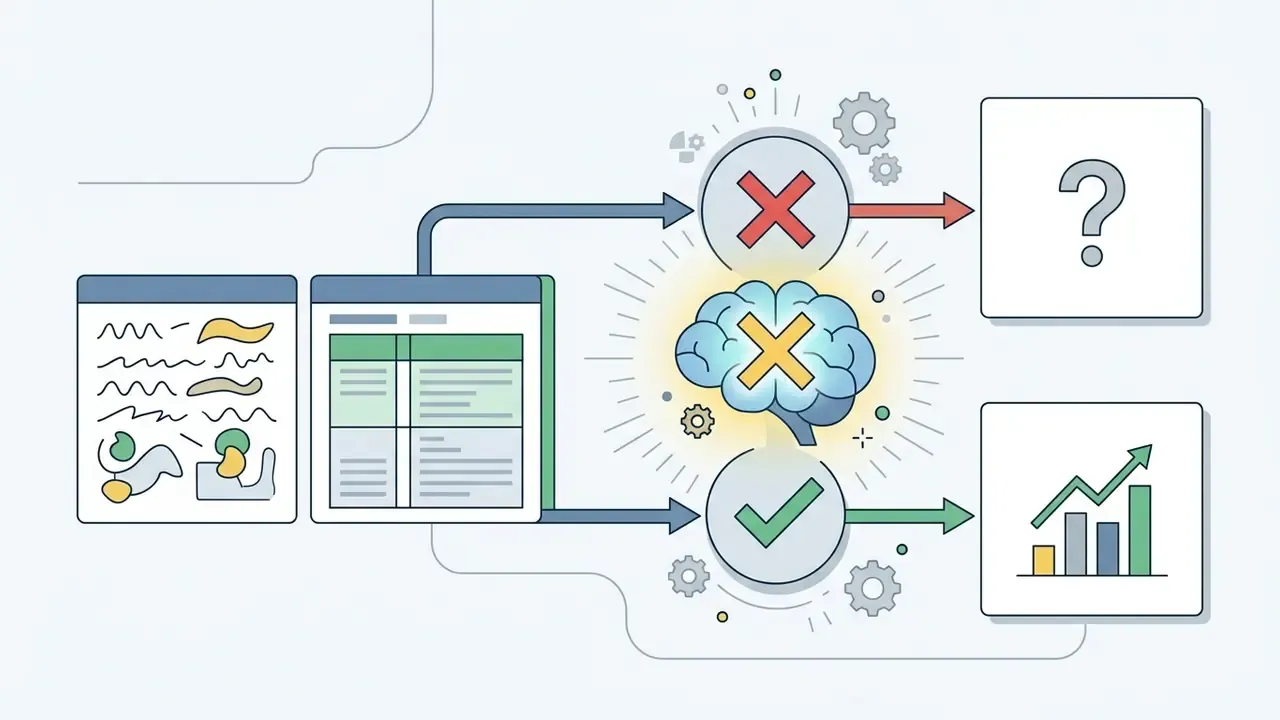 Data flowing from documents into a brain processor to be sorted into uncertain or successful outcomes