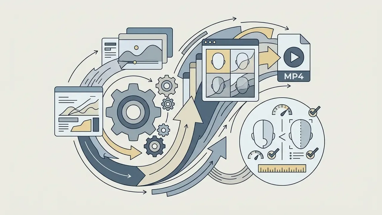 Digital workflow showing gears processing facial data into video files and comparative metrics