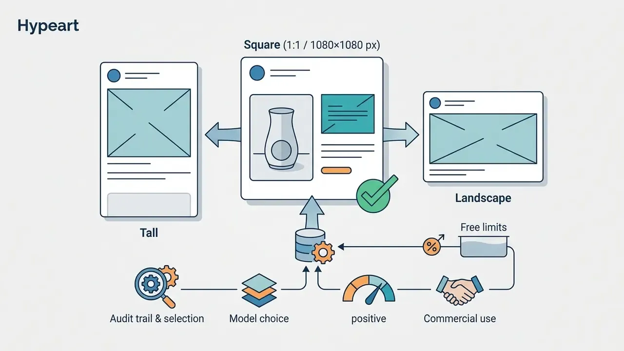 Central square layout template receiving data inputs from audit, model selection, and commercial usage icons