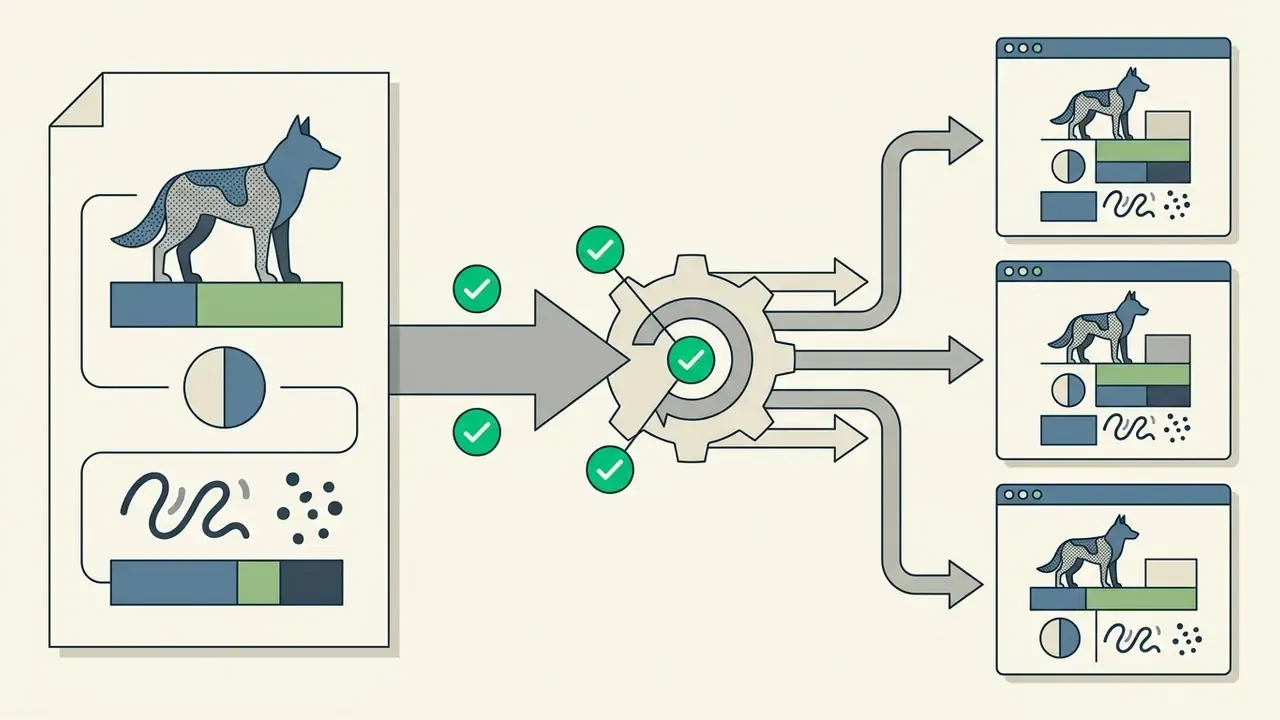 Document with character data feeding into a gear mechanism that outputs three distinct image variations
