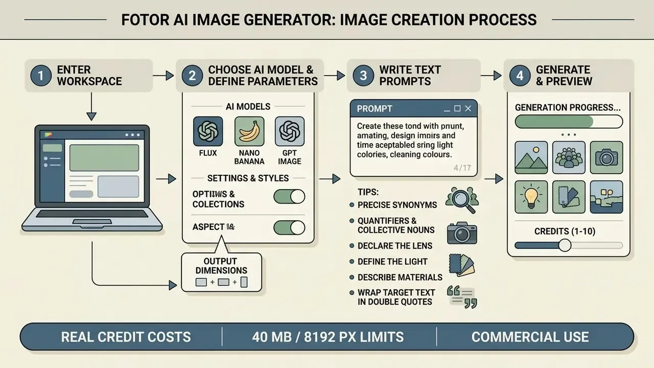 Flowchart detailing the four steps to create digital visuals using the Fotor AI image generator interface