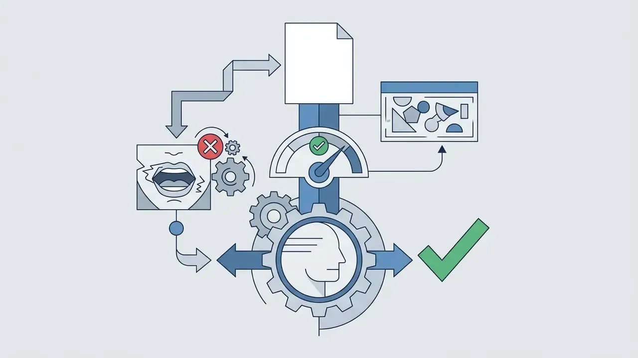 Open mouth icon with an x mark leading to a gear mechanism and a profile head with a green checkmark