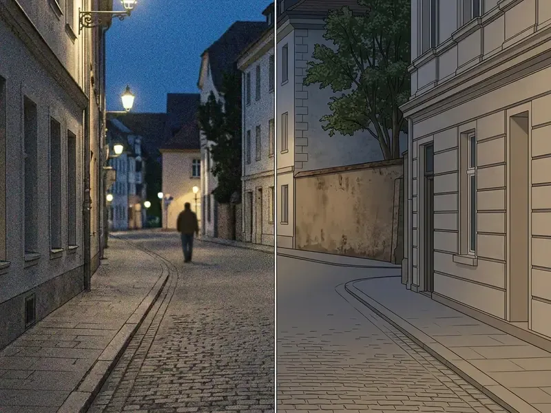 Split view showing a noisy street scene with a pedestrian compared to a clean version with the person removed