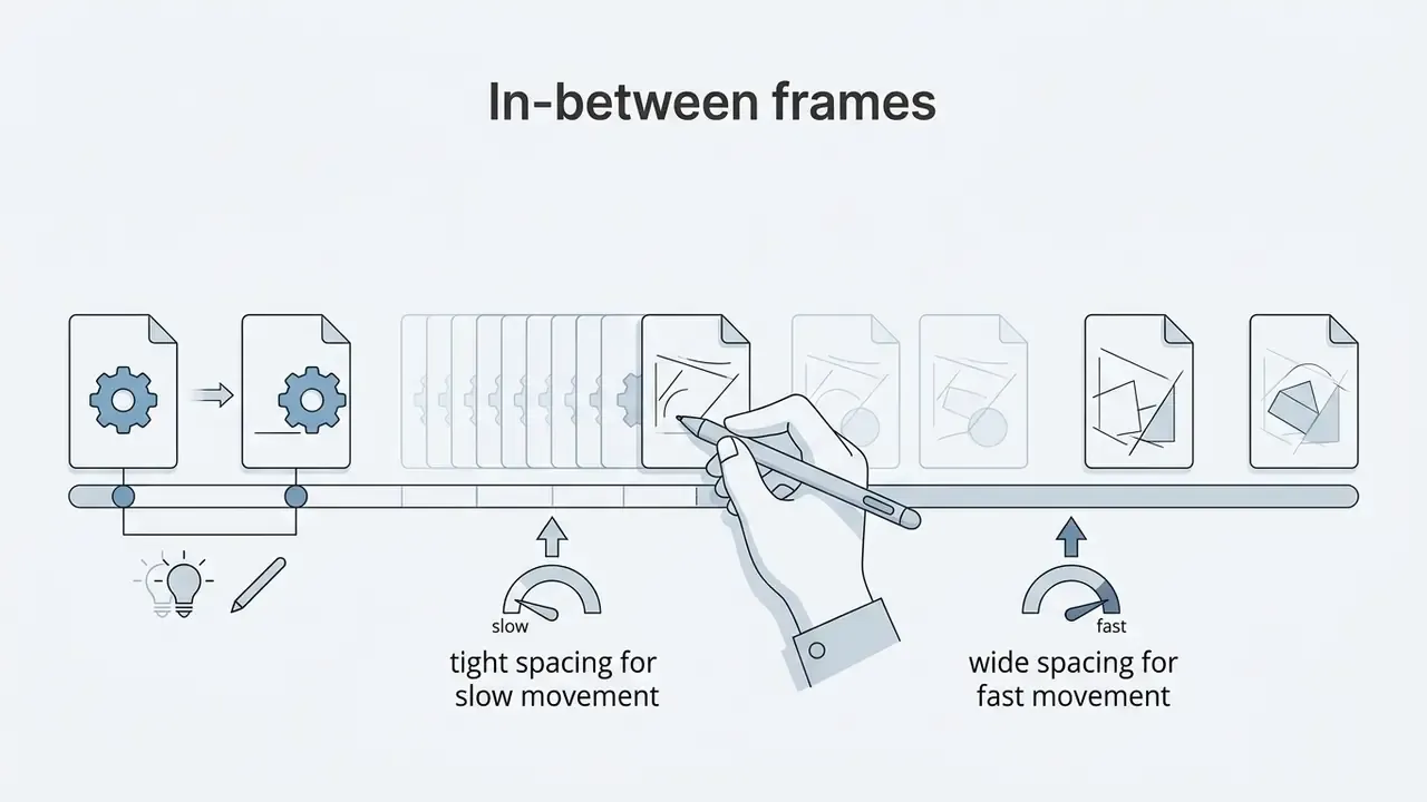 Hand drawing frames on a timeline with speed gauges indicating how spacing affects motion velocity