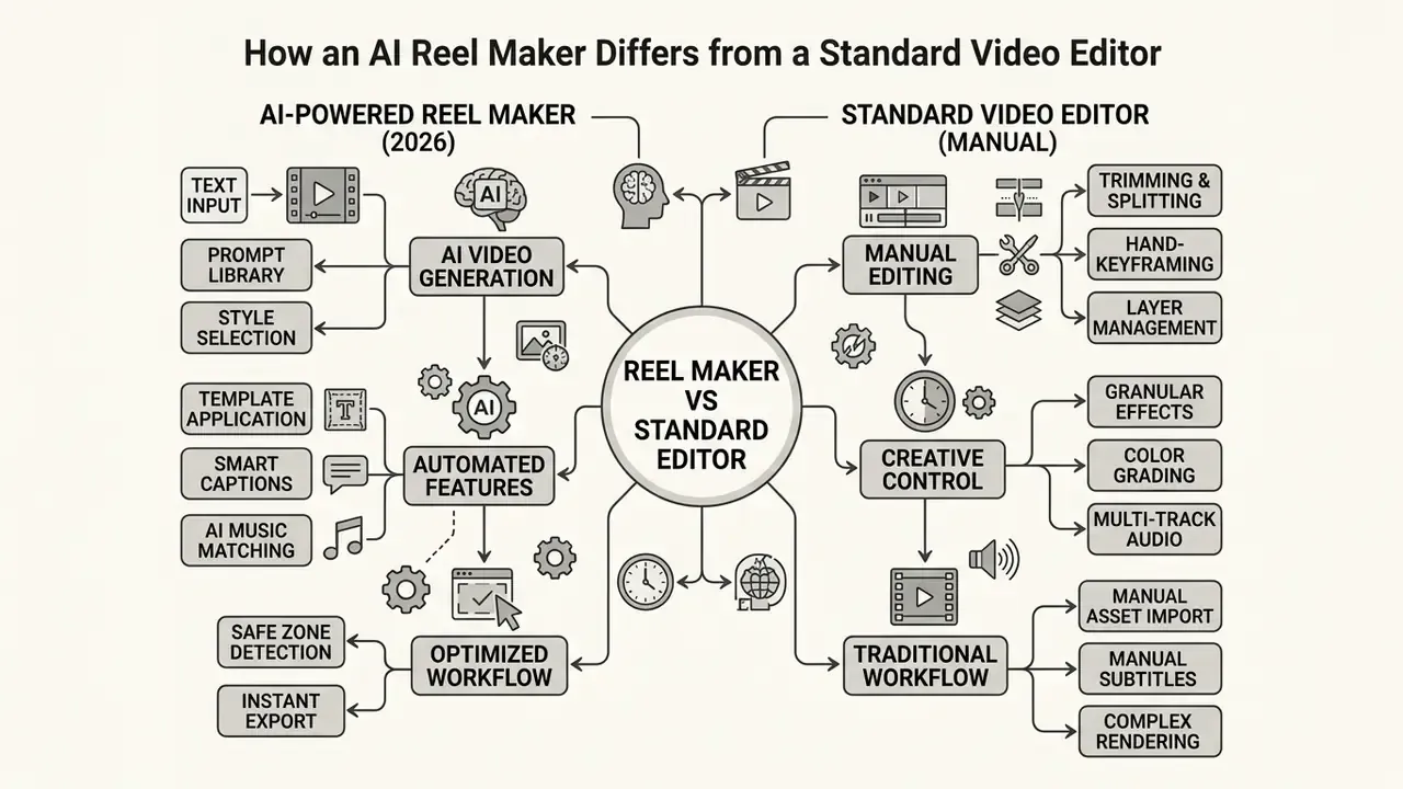 Mind map contrasting automated AI video generation workflows with traditional manual editing processes