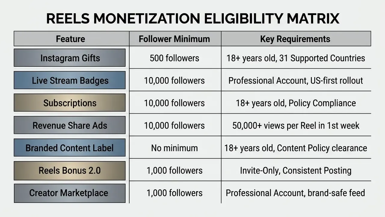 Table detailing follower minimums and key requirements for various Instagram monetization features