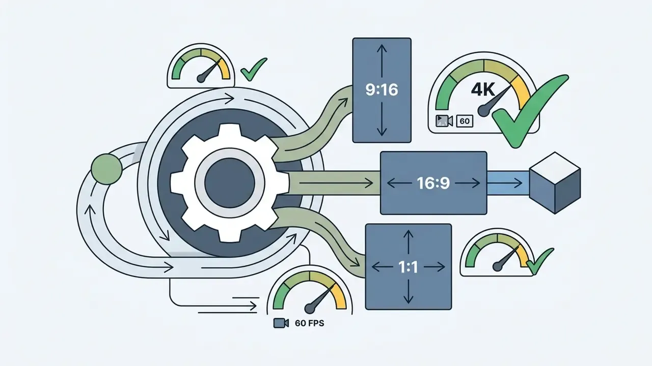 Gear mechanism outputting video in 9:16, 16:9, and 1:1 aspect ratios at 4K resolution and 60 fps