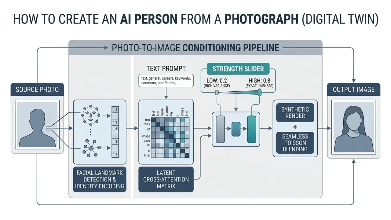 Technical schematic detailing the transformation of a source photo into a synthetic portrait via conditioning