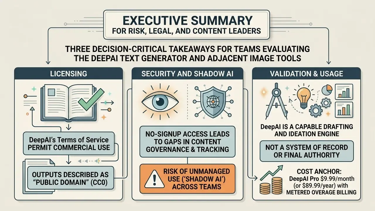 Infographic outlining licensing, security, and validation considerations for the DeepAI text generator