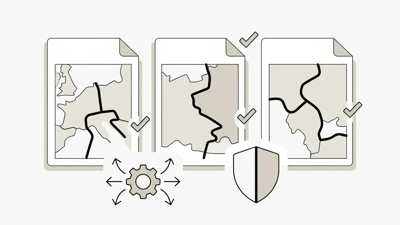 Three document icons displaying maps with thick black borders alongside a gear icon and a shield symbol