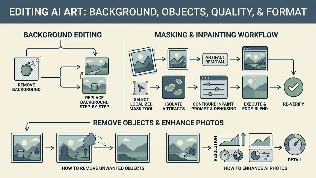 Infographic showing workflows for background removal, masking, inpainting, and enhancing AI art