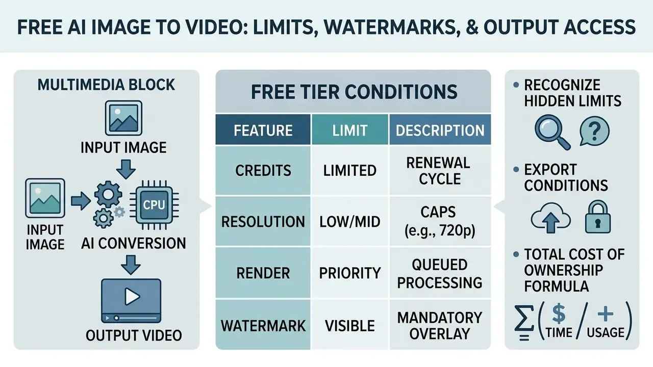 Comparison matrix detailing free tier limitations and processing workflows for AI video generation tools
