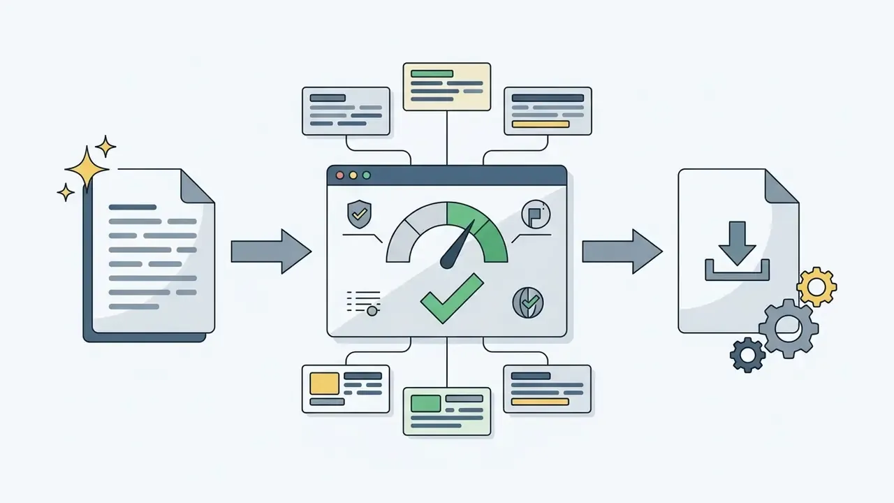 Document being processed through a central dashboard with a gauge and checkmark before final download