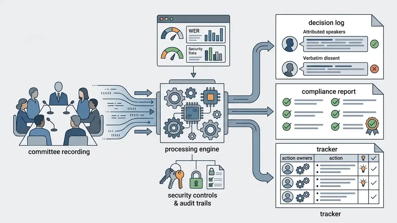 Workflow showing committee meeting audio processed into decision logs, compliance reports, and action trackers