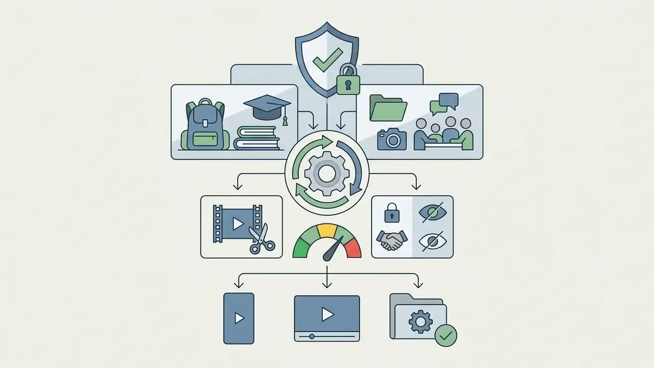 Icons showing student and group media flowing through a gear process into secure video editing outputs