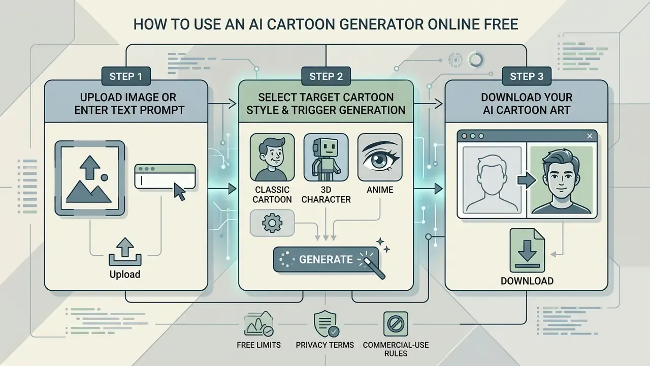 Three-step flowchart showing the process of uploading an image, selecting a style, and downloading cartoon art