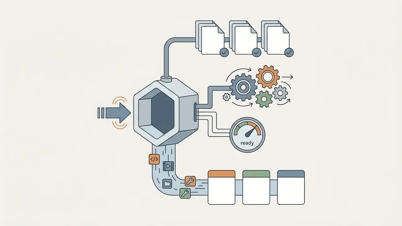 Central hexagonal hub processing data inputs into gear mechanisms, status gauges, and output windows